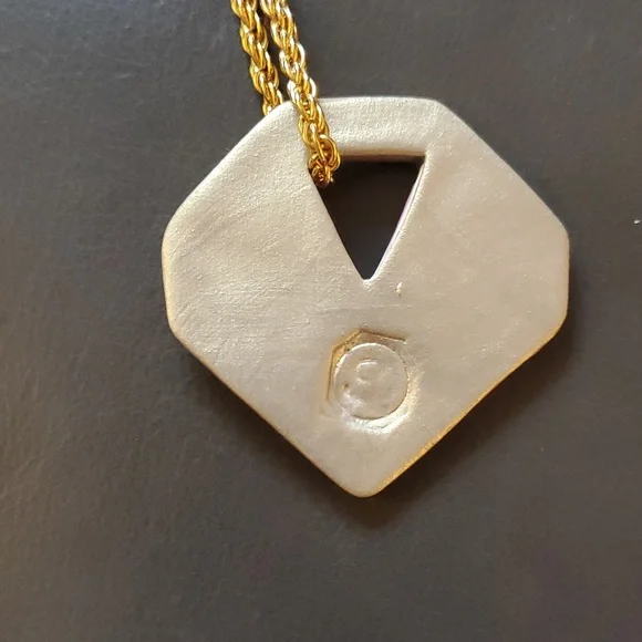 Vintage Gold Purple Blue Hand Painted Artist Signed Geometric Pendant Necklace - Picture 5 of 12